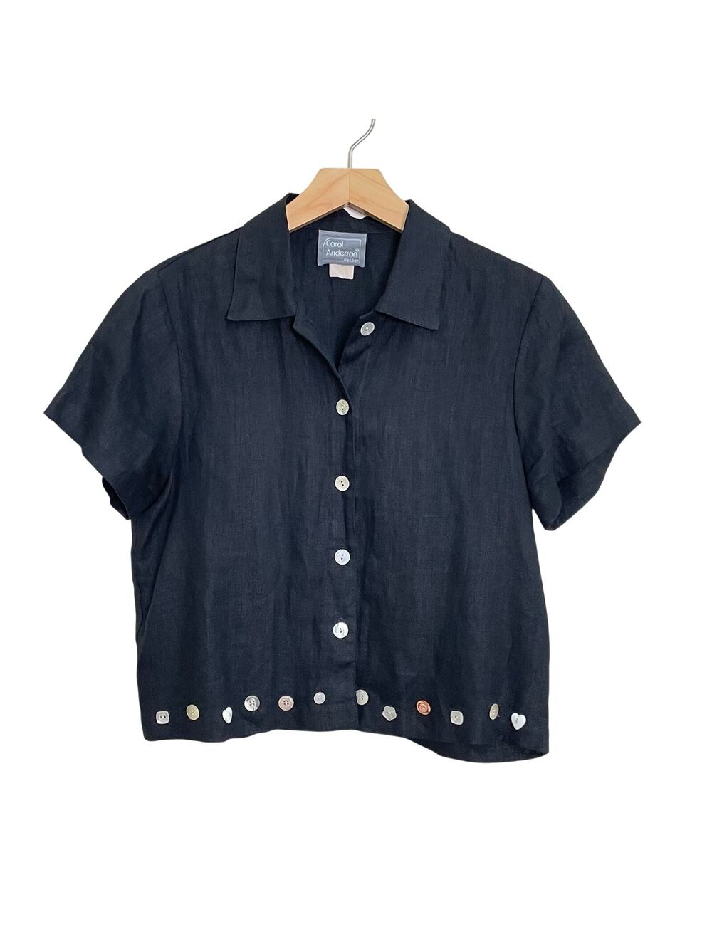 Vintage Carol Anderson Black Linen Short Sleeve Boxy Button Detail Shirt Size PS